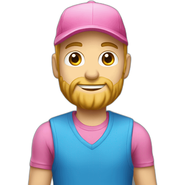 a guy in a pink shirt, blond, with a short beard in a blue cap, emoji