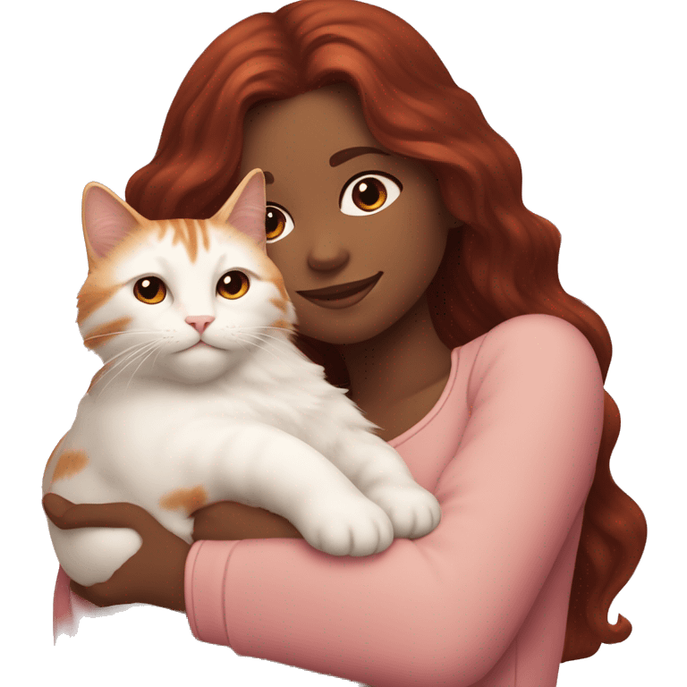 girl with long very dark red wavy hair and dark brown eyes and light pink outfit hugging a white & ginger cat  emoji