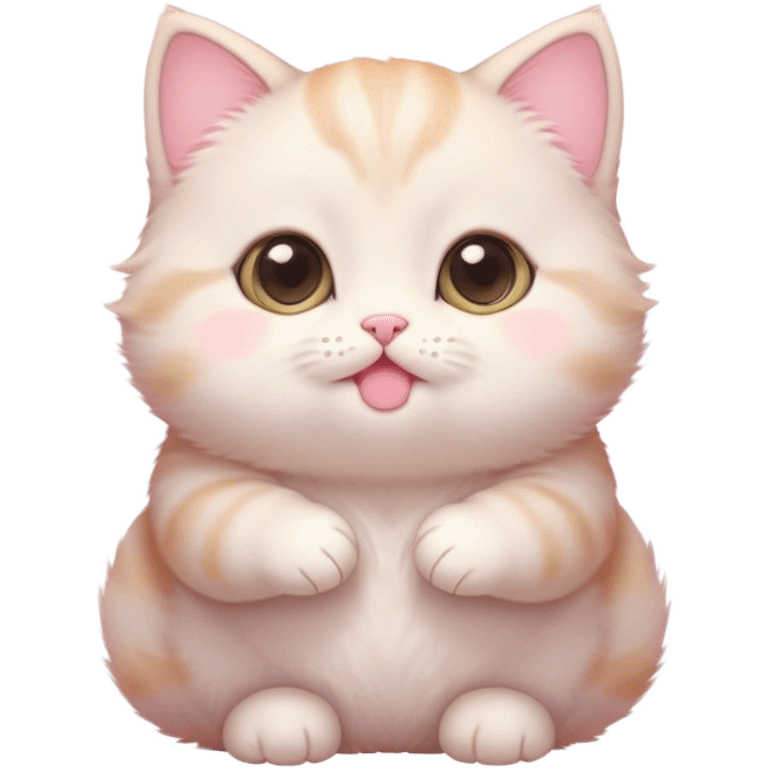 Cinematic chubby pastel kitten, big round eyes full of wonder, tiny paws reaching up, soft fluffy fur glowing in warm light, delicate heart-shaped nose, irresistibly cute and snuggly. emoji