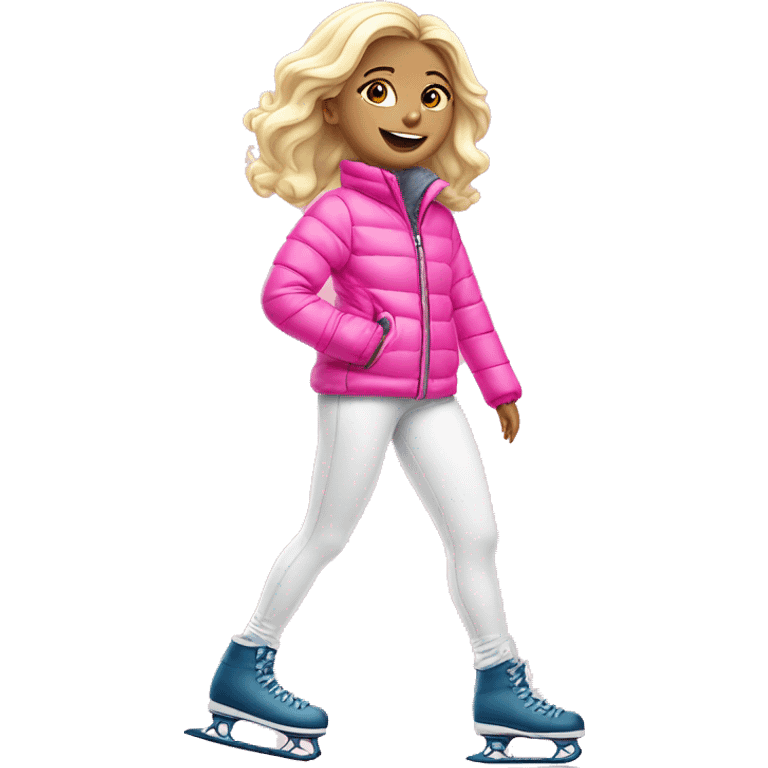 White blond girl on skates in cute pink puffer jacket and white leggings  emoji