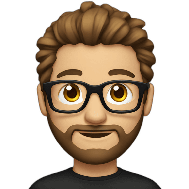 White Man with clear glasses brown hair and a black tshirt and a man bun and beard emoji