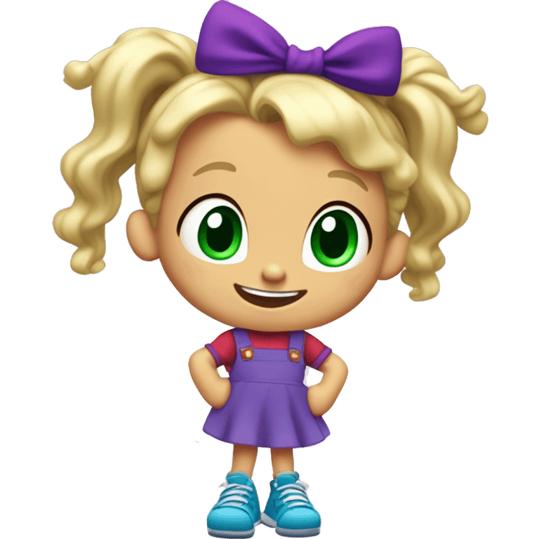 A little blonde girl with pigtails and little purple bows wearing a red long-sleeved shirt and purple overalls skirt with blue tights with green polka dots and purple sneakers, full body, rugrats emoji