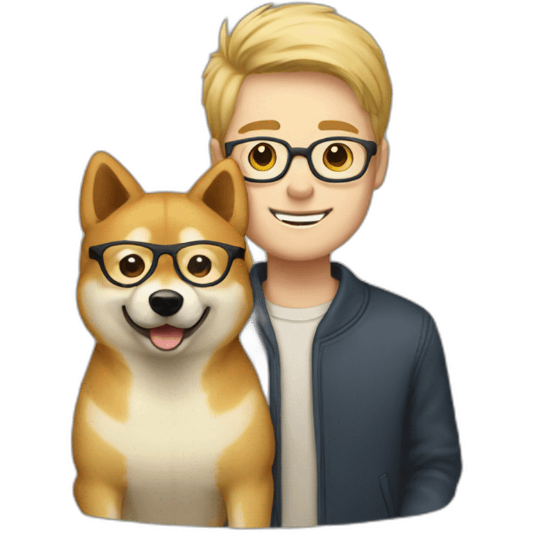 blond haired man with glasses holding a Shiba inu emoji