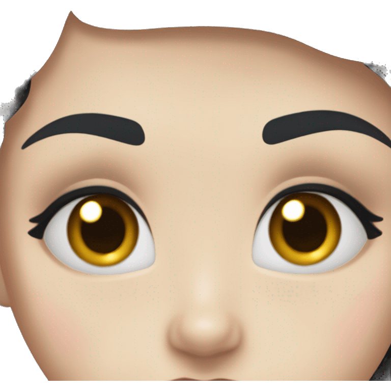 young woman with pale skin, blushed cheeks, big blue eyes, thin lips, black hair,long lashes,a bit eyeline emoji