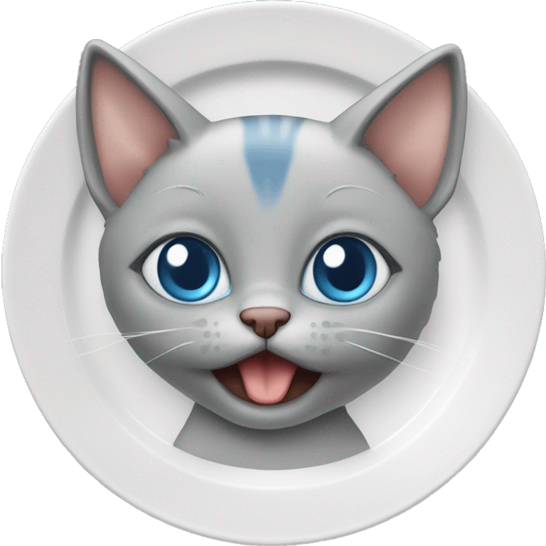 blue eyes grey kitten eat plate meat emoji