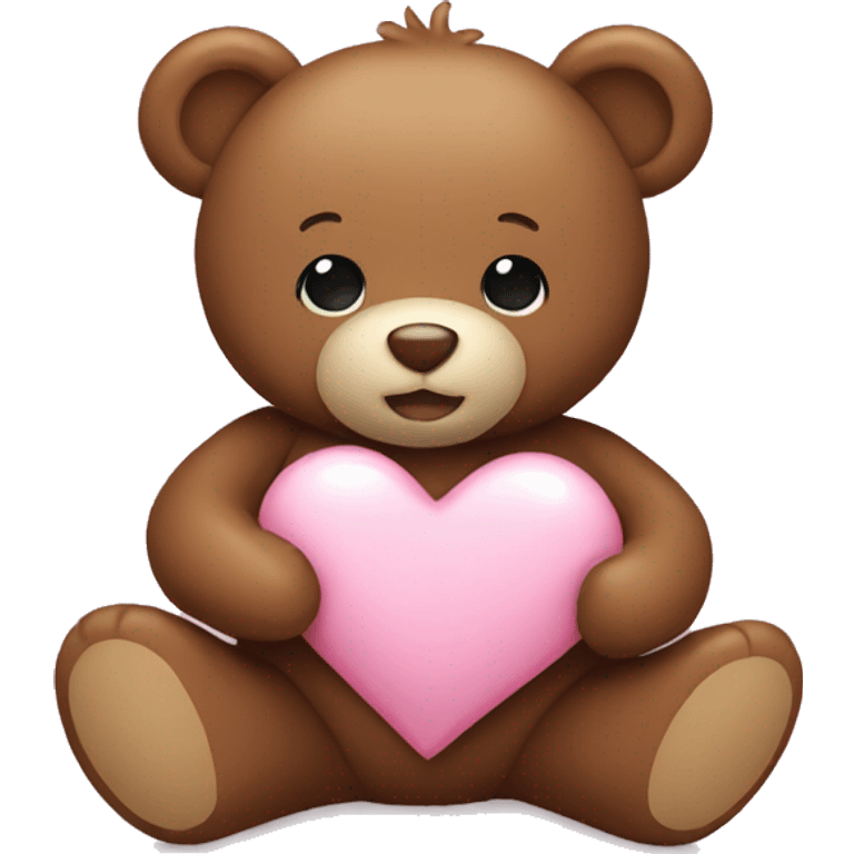 Brown teddy bear holding a light pink heart emoji