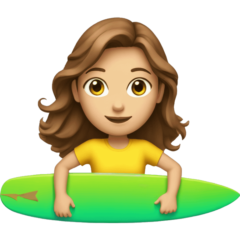 A girl surfing on a surfboard with brown hair and green eyes!  And a yellow t-shirt emoji