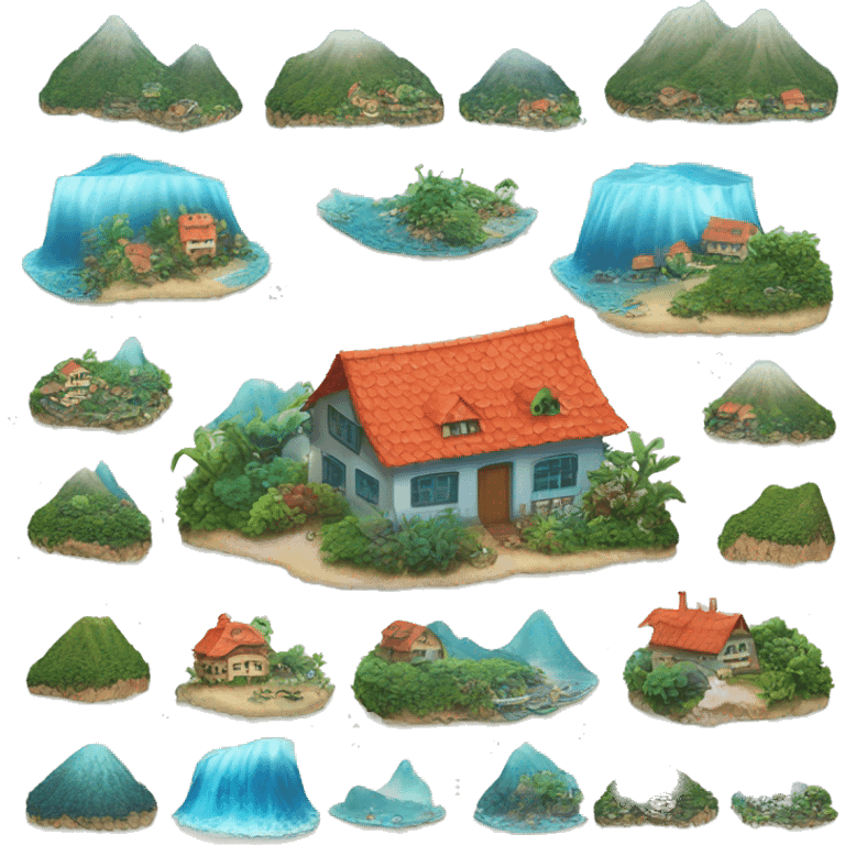 ocean wave, coral reef, mountain, village house emoji