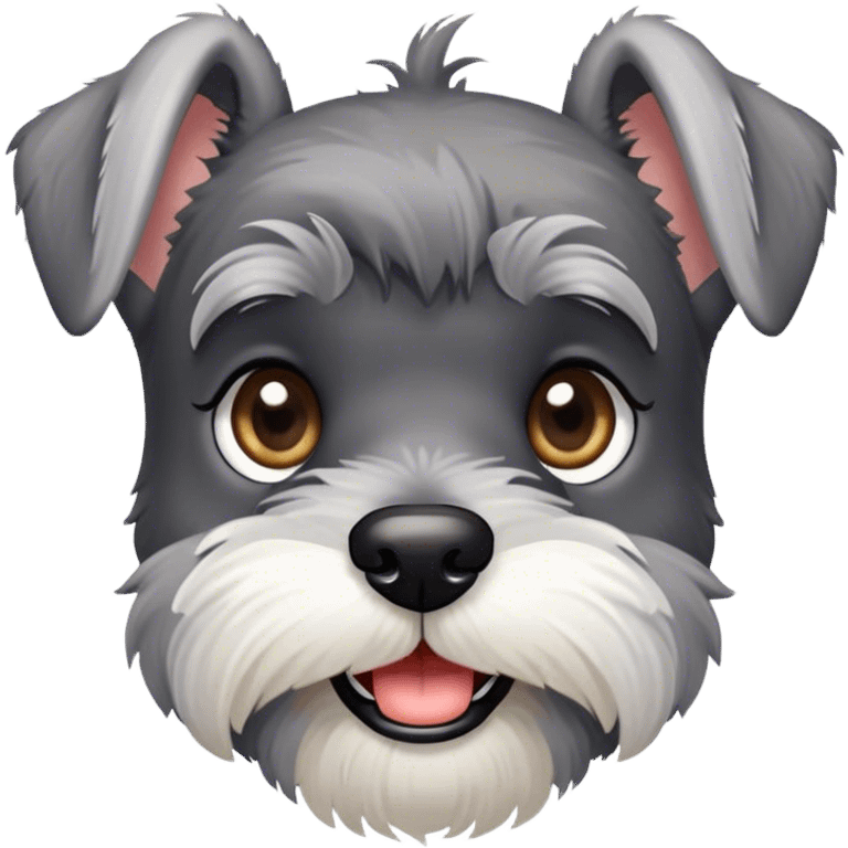 Cinematic Cute Miniature Schnauzer Portrait Emoji, Head cheerfully cocked with expressive, twinkling eyes and a neatly trimmed, adorable salt-and-pepper fur, simplified yet endearingly detailed, glowing with a bright, friendly radiance, high shine, exuding smart and spunky charm, styled with a delicate, whimsical outline, capturing the essence of a cute Miniature Schnauzer that appears ready to scamper off the screen with delightful energy! emoji