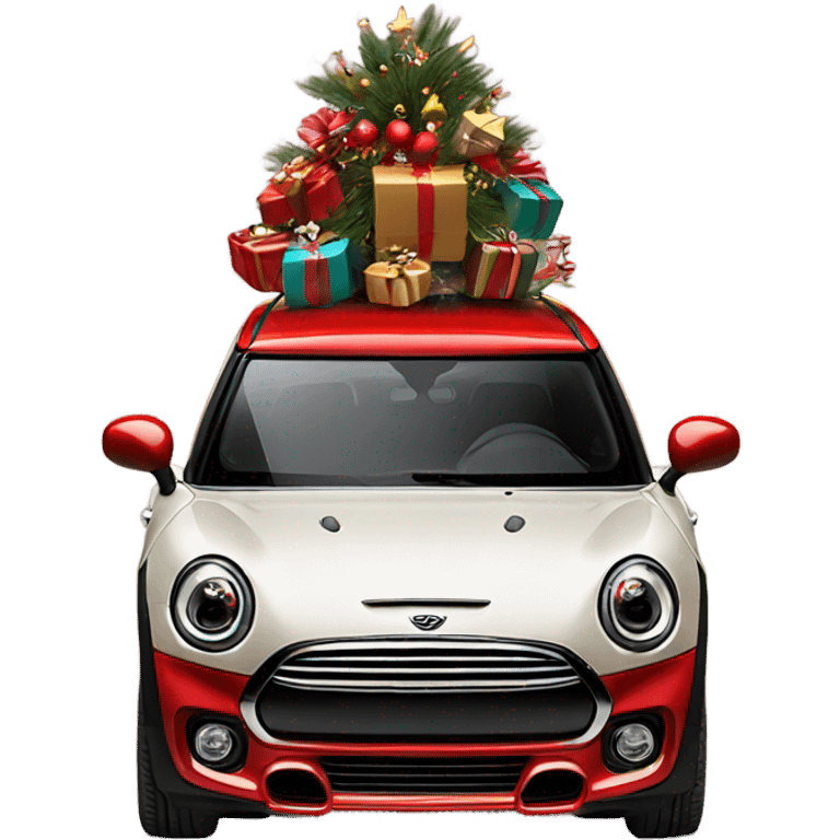 Red Mini Cooper Clubman with lots of Christmas decorations emoji