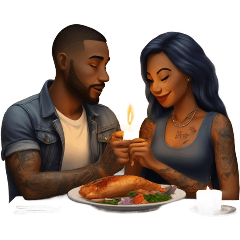 Romantic candlelit dinner date with hyper Realistic tattooed couple in love  emoji