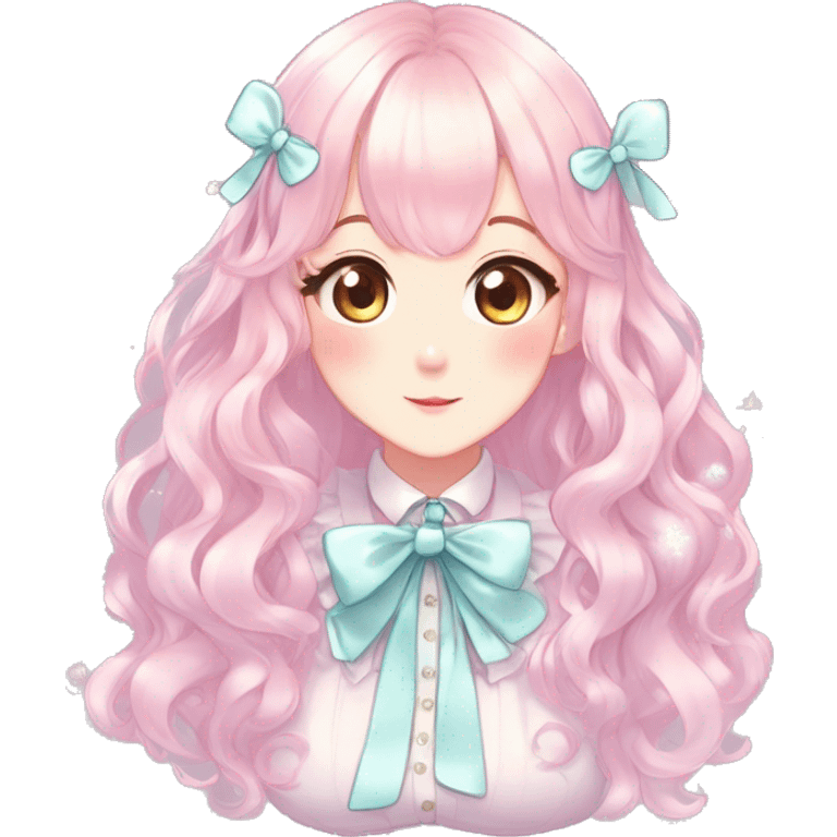 Gorgeous pastel anime style lady with blushing face with sparkly bow tie idol model cottagecore fairycore pastelcore shiny colorful pearly petite simplistic aesthetic trending style emoji