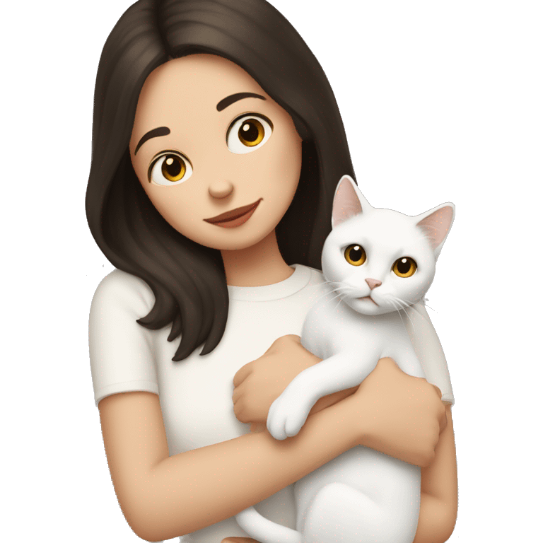 A pale girl with dark brown hair is holding a white cat in her hands emoji