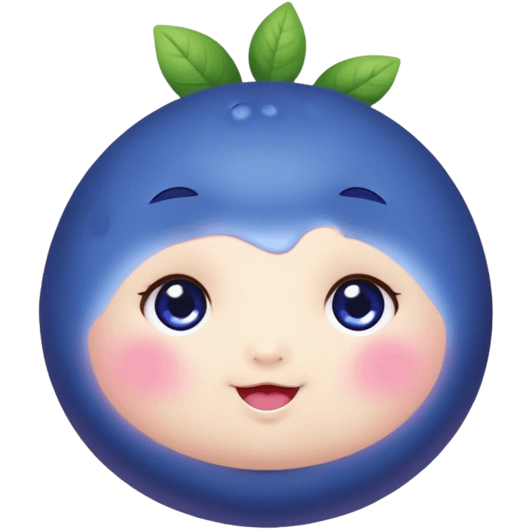 Cute Kawaii Blueberry, small and chubby, deep blue-purple with a tiny leafy crown, bright sparkling eyes, a soft round body, cute blushing cheeks, full of berry sweetness! emoji