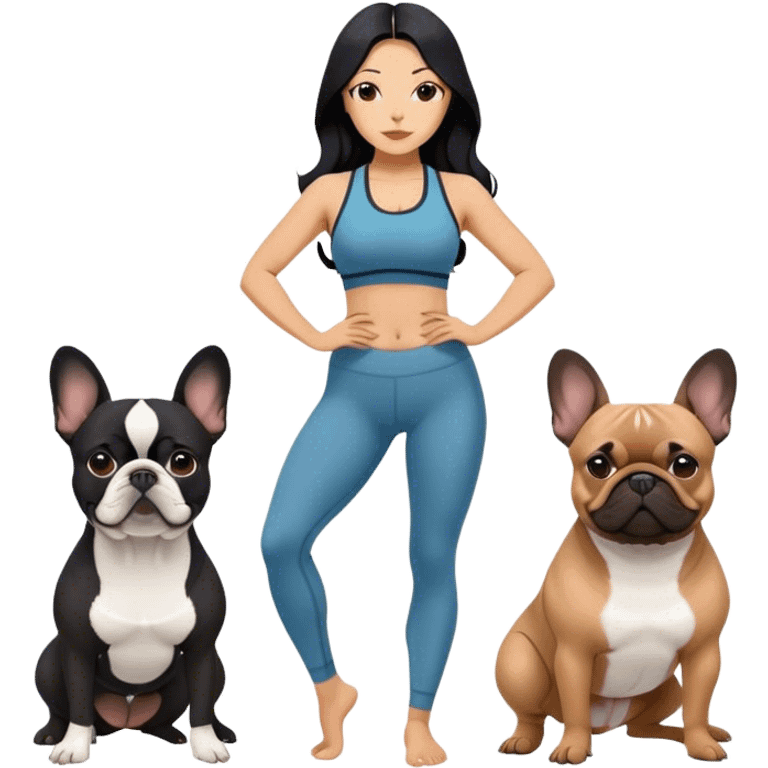 latin woman in a yoga outfit with long black hair standing alongside two French bulldogs  emoji