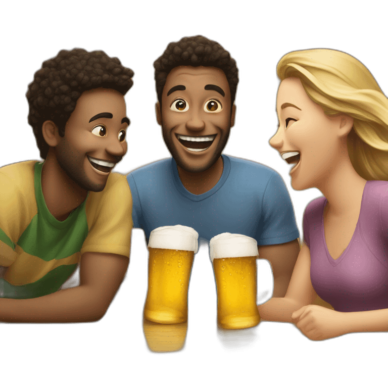 3 people laughing around a table with 2 beers on it emoji