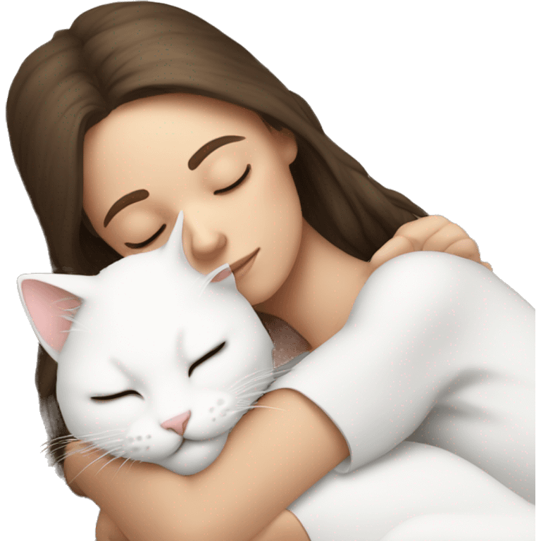 White kitty sleeping on brunette white girl's lap emoji