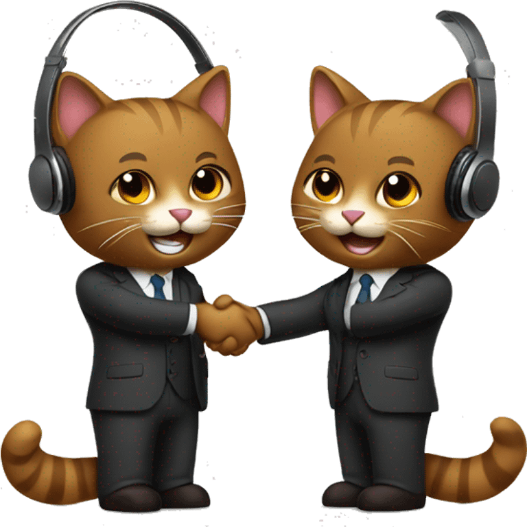 Two brown adult, happy cats, shaking hands in suits with headphones on.   emoji