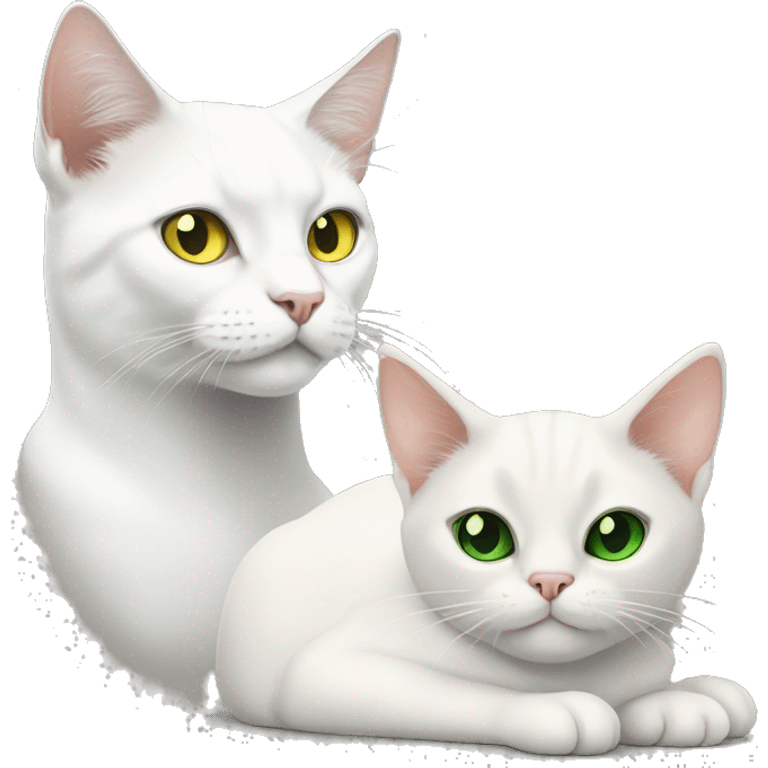 Two cats. White cat with yellow eyes and black cat with green eyes emoji