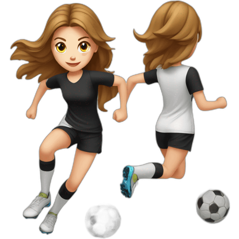 Caucasian girl with brown long hair running with a soccer ball wearing White short and black shorts emoji