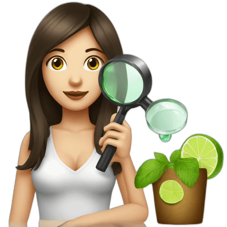 brunette girl with magnifying glass and mojito emoji