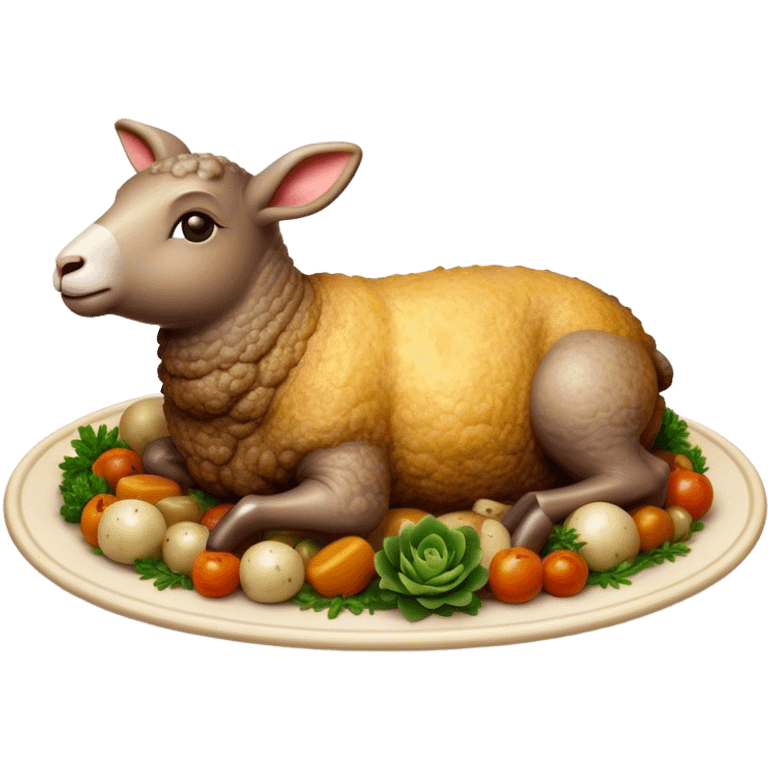 Cinematic Realistic Roast Lamb Dish Emoji, depicted with tender, succulent lamb roasted to perfection and served with seasonal vegetables, rendered with rich textures and inviting warm lighting that captures its traditional heritage. emoji