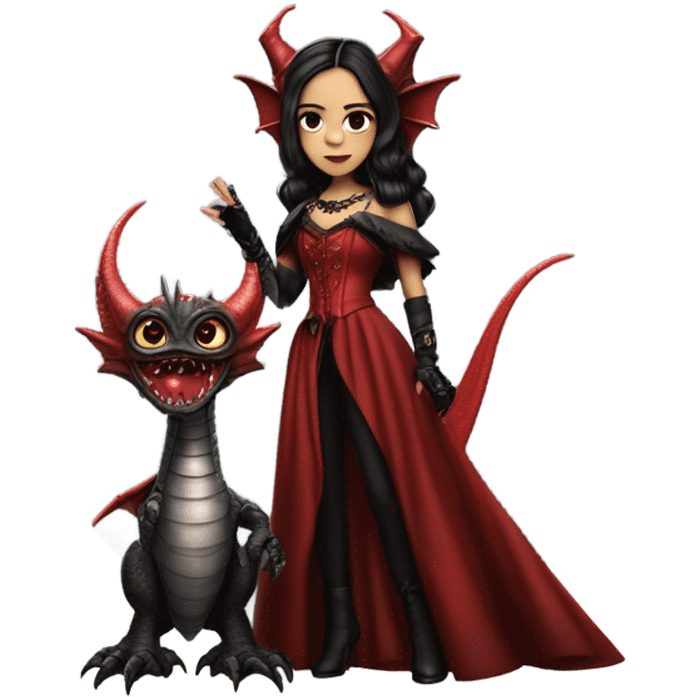 surprised Lavish Victorian evening gown with gloves, Jenna Ortega as Addams girl Jedi wearing a steampunk mini tiara, very large blood red evil-looking horned dragon emoji