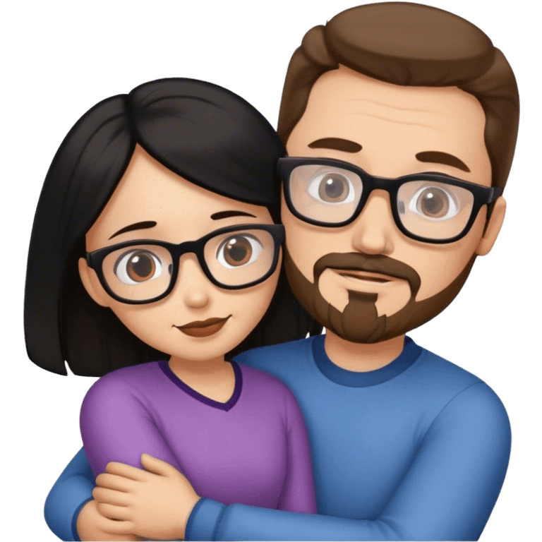 Tall white man brown hair and goatee hugging small woman long black hair square glasses, professional emoji