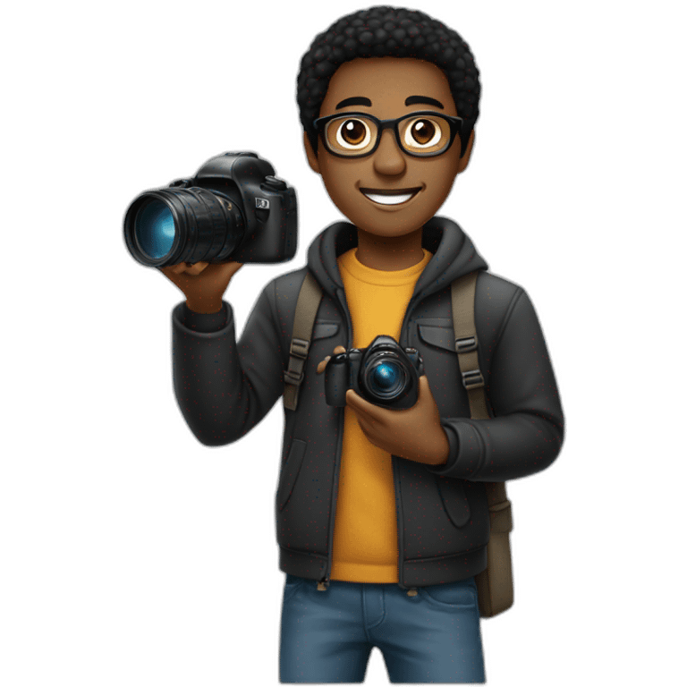 a young, black photographer, straight black hair, wearing glasses and with a camera in his hand emoji