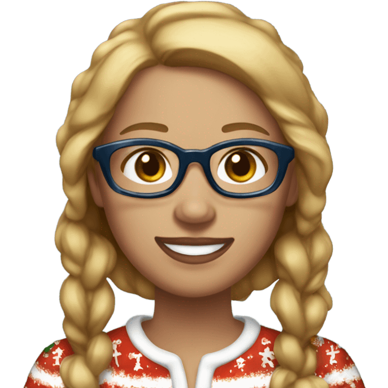 A woman wearing gingerbread Christmas pajamas, pretty, medium blonde hair, blue eyes, glasses, white teeth, freckles emoji