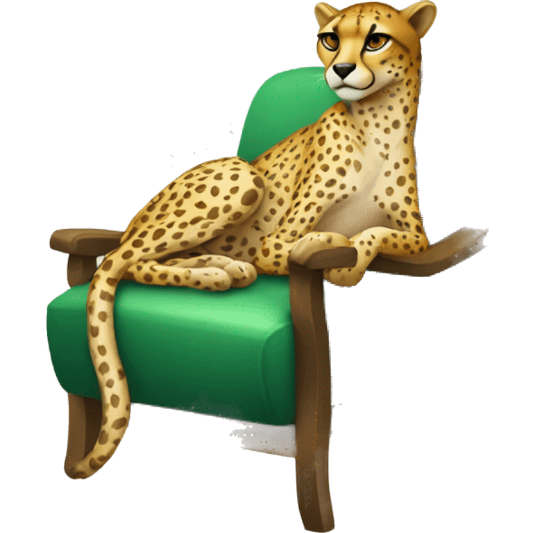 humanoid cheetah resting on a chair wearing a cucumber mask emoji