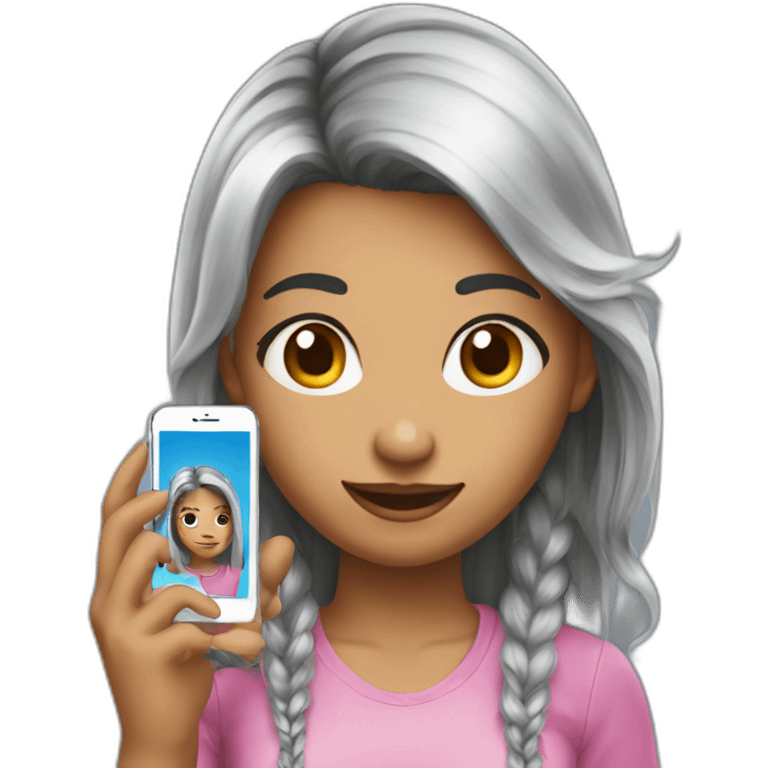 strigth hair withe skin teenager girl playing with a cellphone emoji