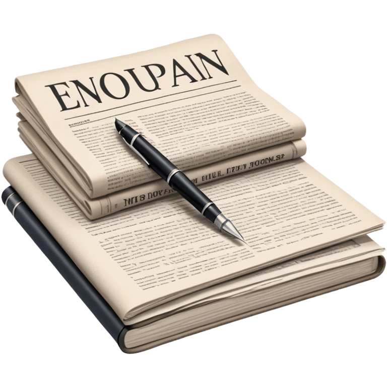 Create an emoji representing journalism and publicistic writing. The design should feature a stack of newspapers, an open notebook with visible text, and a single fountain pen placed near the notebook, symbolizing the act of writing. Use neutral, professional colors like black, white, and muted tones to convey a sense of seriousness and intellect. Do not include any emojis or smiley faces. Make the background transparent. emoji