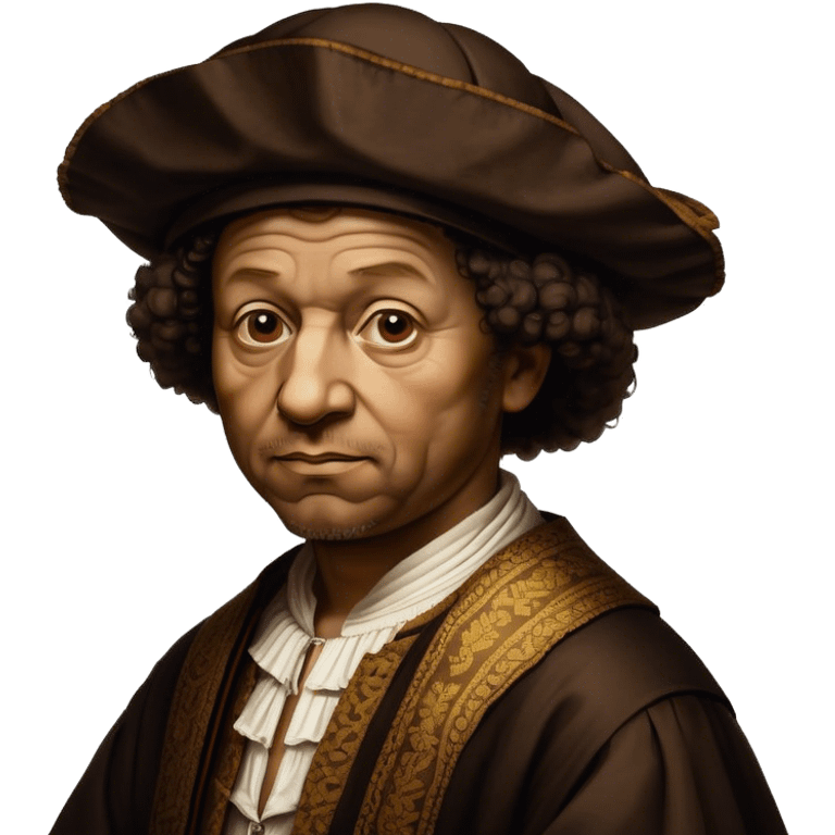 Cinematic Realistic portrait of Rembrandt, shown as a master artist with deep, introspective eyes and richly detailed period clothing, rendered with dramatic chiaroscuro lighting that emphasizes his legacy emoji