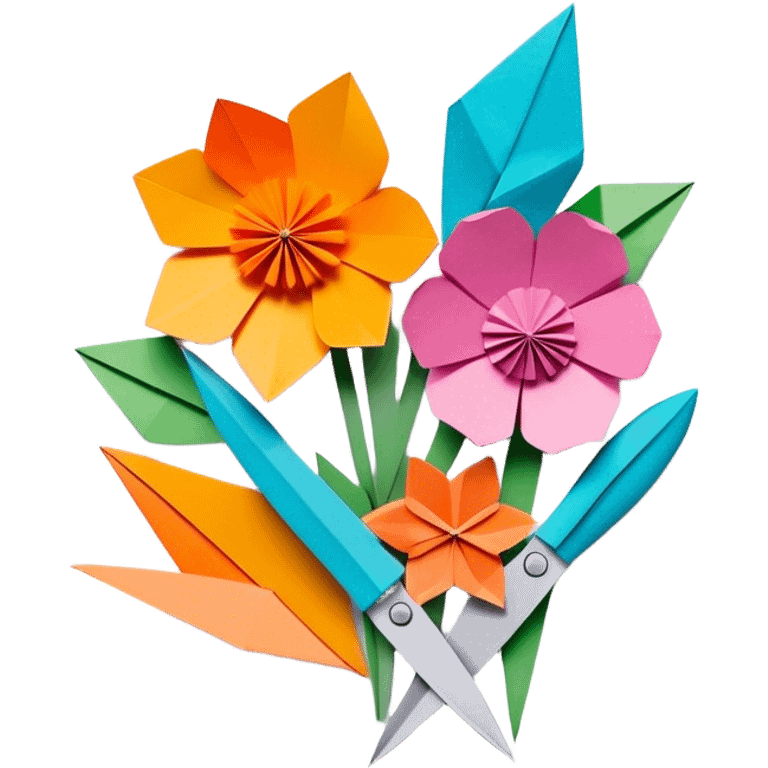 Paper crafting icon, colorful paper sheets, origami figures, 3D paper flowers, visible scissors and craft knife, minimalistic style, clean lines, transparent background. emoji