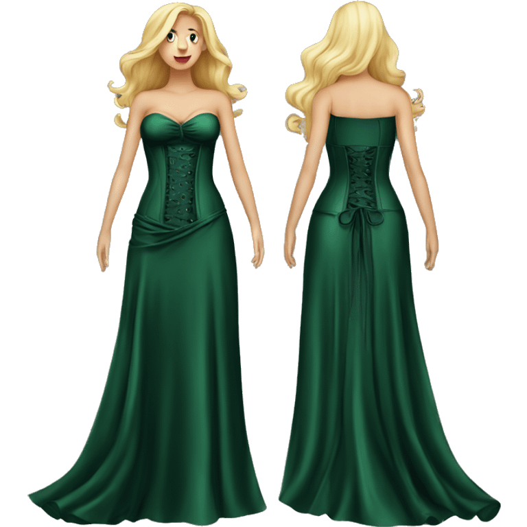 Realistic dark green silk maxi dress isolated with a tight corset. No person, just a dress emoji