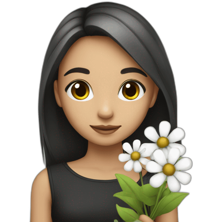 A cute girl, holding black and white flowers emoji