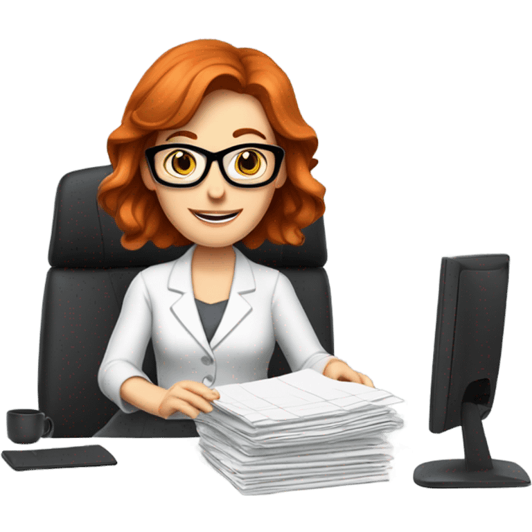 red hair woman nutritionist wearing glasses desk monitor stack paper emoji