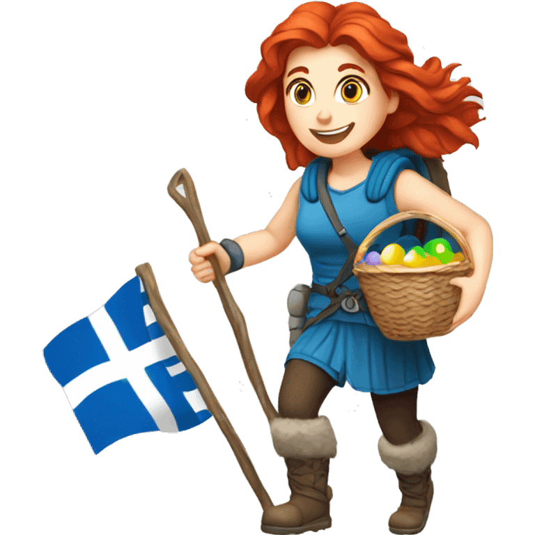 Greek Female winter mountaineer red hair white skin climbing with Greek Flag and Easter eggs basket emoji