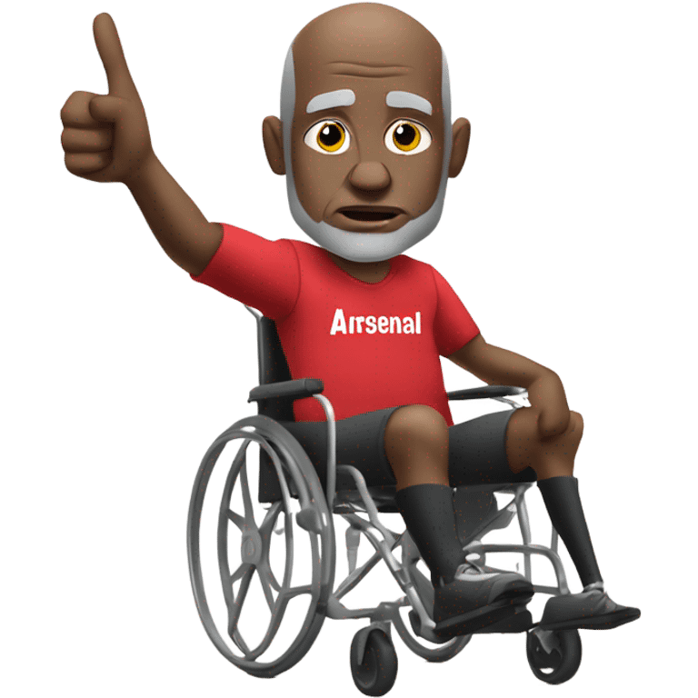 old black bald man with a round belly in wheelchair. angry face. grey stubble. he is pointing finger in front. wearing Arsenal soccer shirt. word bubble emoji