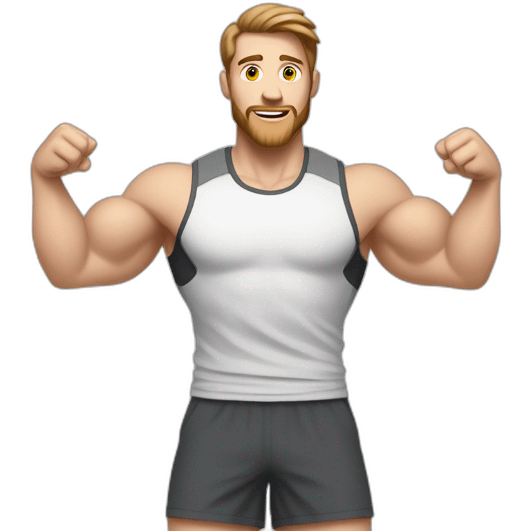 Close up Actively gesturing  with hands Pale skinned Fit Man With the biceps and brown hair in dark gray Sleeveless Mike, black oversize sports shorts, watch and white Sneakers emoji