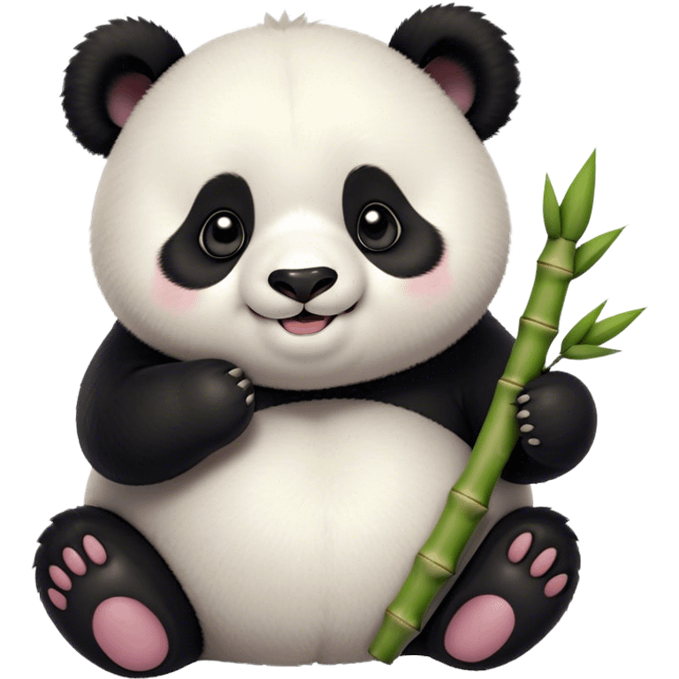 Cinematic smiling chubby panda, fluffy black and white fur, round rosy cheeks, tiny paws holding a bamboo shoot, sparkling eyes full of joy, soft glowing background, irresistibly huggable. emoji