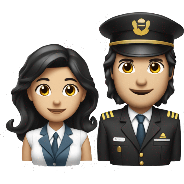 Flight attendant with long black hair and white skin with a pilot man with light tan skin and black hair emoji