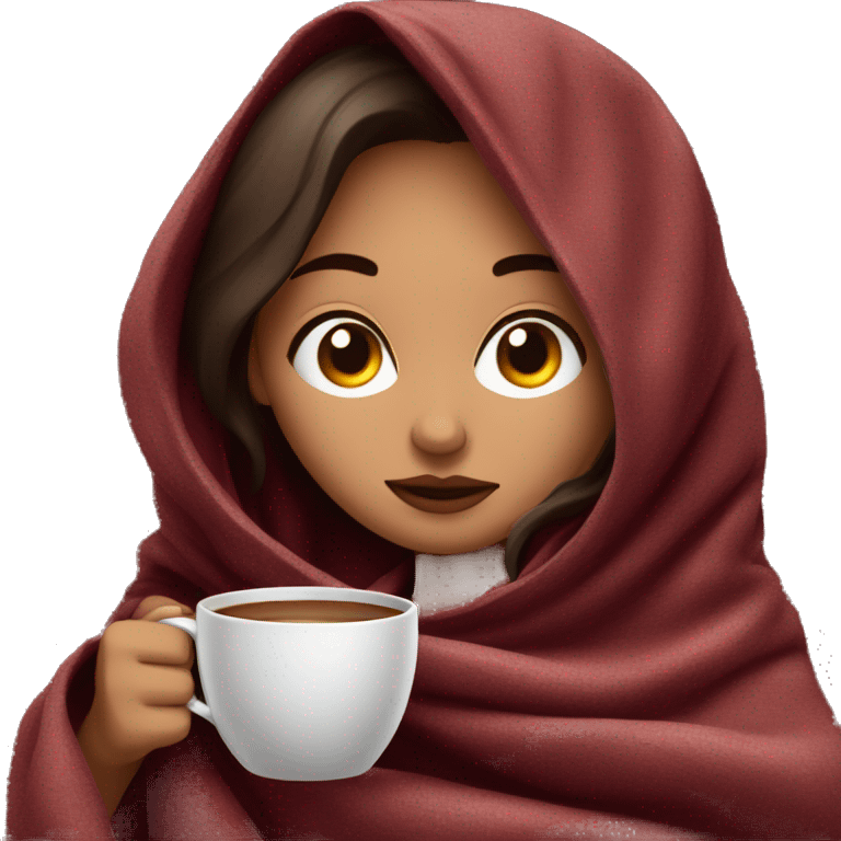 Brunette girl inside a maroon blanket sipping coffee eyes closed emoji