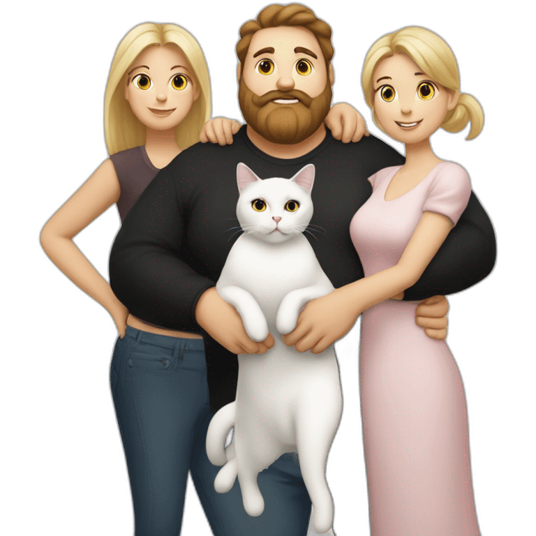 Family photo a fat husband with a beard is holding a white cat and wife with straight hair is holding another black cat emoji