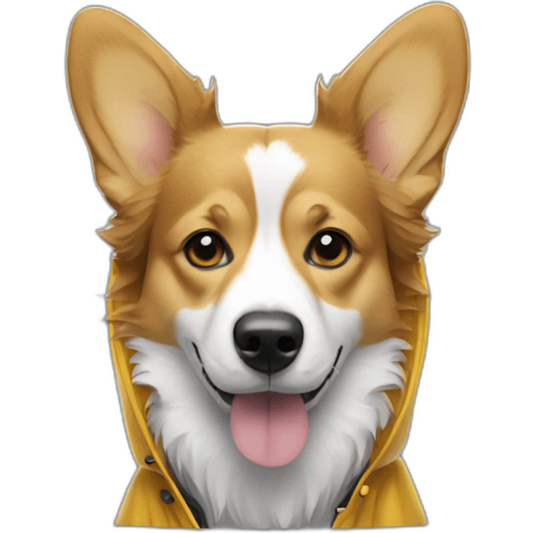 corgi mixed with a border collie wearing a rain coat looking sad emoji