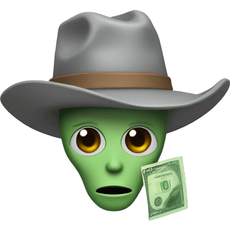 A gray alien wearing a brown cowboy hat with a green banknote on it emoji