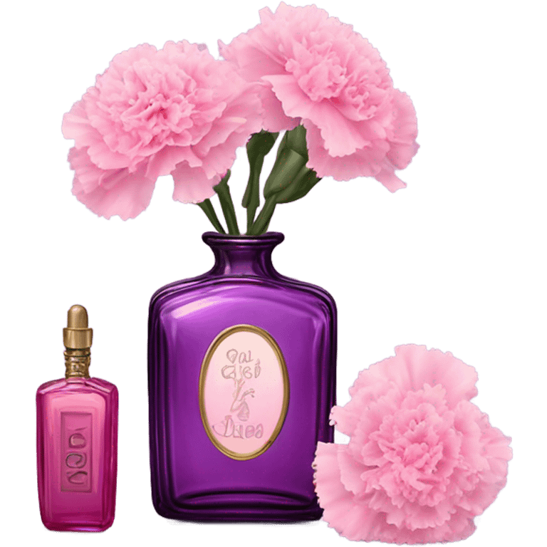 Aesthetic still life of delicate pink carnations beside a vintage purple perfume bottle. emoji