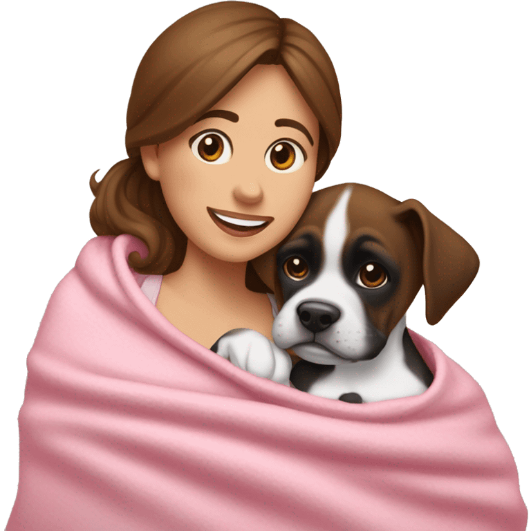 a woman with brown hair is cradling her puppy in a pink baby blanket. the puppy is a black and white boxer dog. the woman is smiling with mouth ajar. you can see the woman cradling the puppy like a baby from her waist up.  emoji