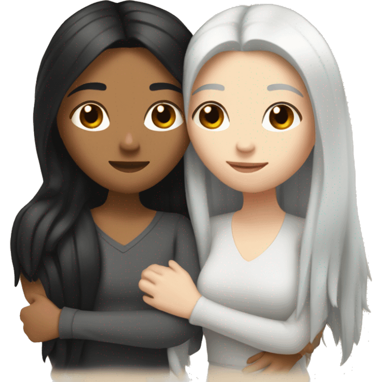 A lesbian couple with white skin and long black hair hugging intimately emoji